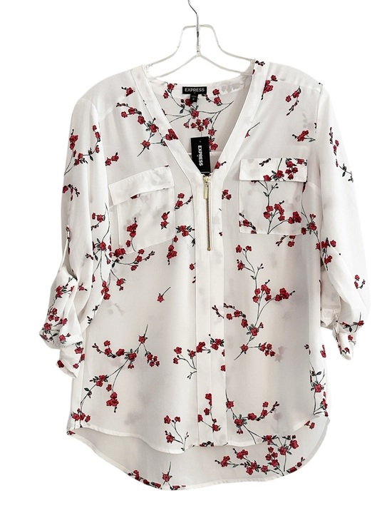 Express Tops - Express White Floral Zip Front Top NWT SMALL Roll Tab Sleeve Business Casual